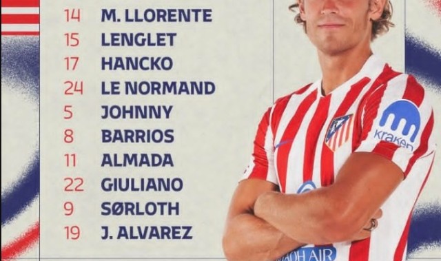 马竞客场对阵阿拉维斯先发阵容：阿尔瓦雷斯领衔，阿尔马达与汉茨科新援入选